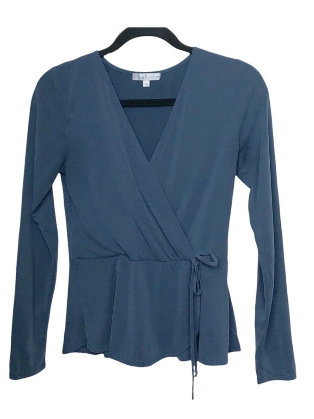 Moa Moa Slate Blue Gray Long Sleeve Faux Wrap Blouse